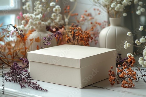 Blank mockup of a white box on a light background and dried flowers