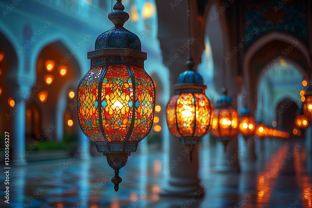 Vibrant Mosaic Lanterns Lighting a Serene Arched Corridor Vibrant Mosaic Lanterns Lighting a Serene Arched Corridor