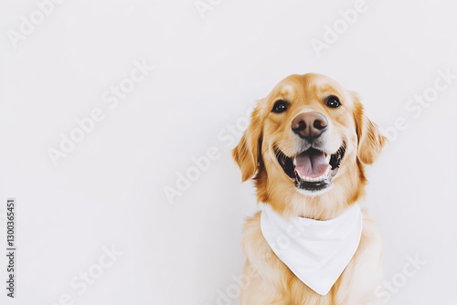 A cheerful dog wearing a white bandana, sitting against a clean white background, radiating joy and friendliness