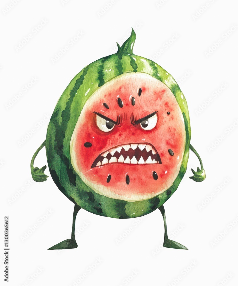Fototapeta premium Watercolor cartoon illustration of an angry mad watermelon isolated on white background.