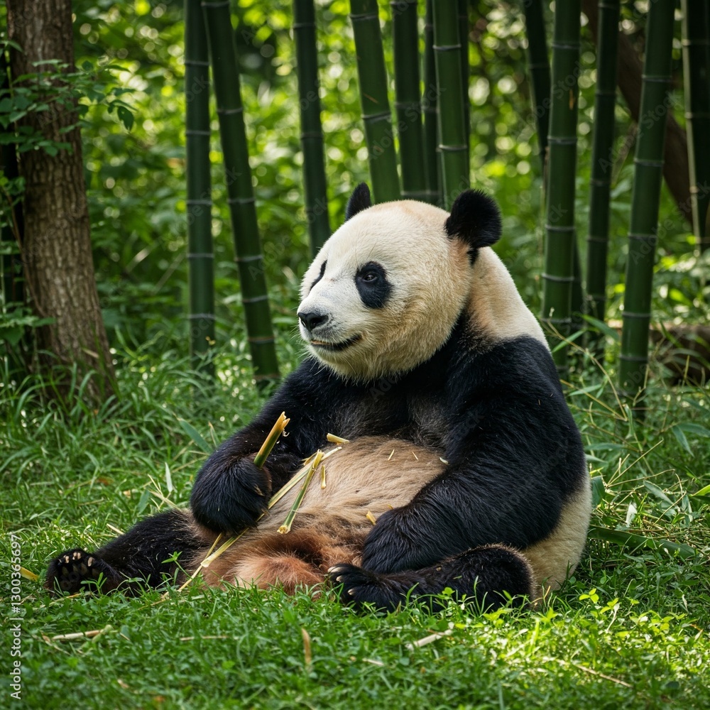 Fototapeta premium A giant panda relaxing in a lush bamboo forest, peacefully chewing on fresh green stalks while sitting on soft grass