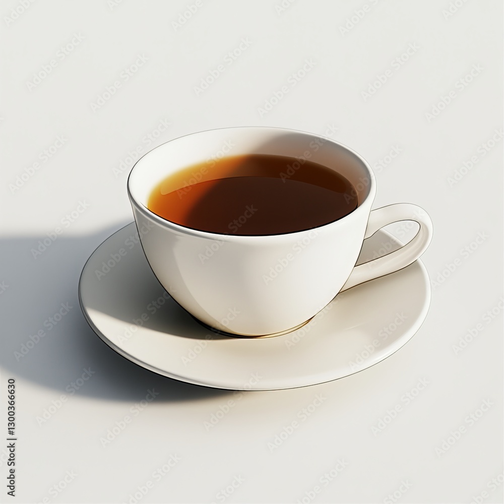 Teacup and Saucer: Warm cup of tea in a simple white teacup and saucer. Perfect for representing tranquility, relaxation, and a cozy atmosphere.