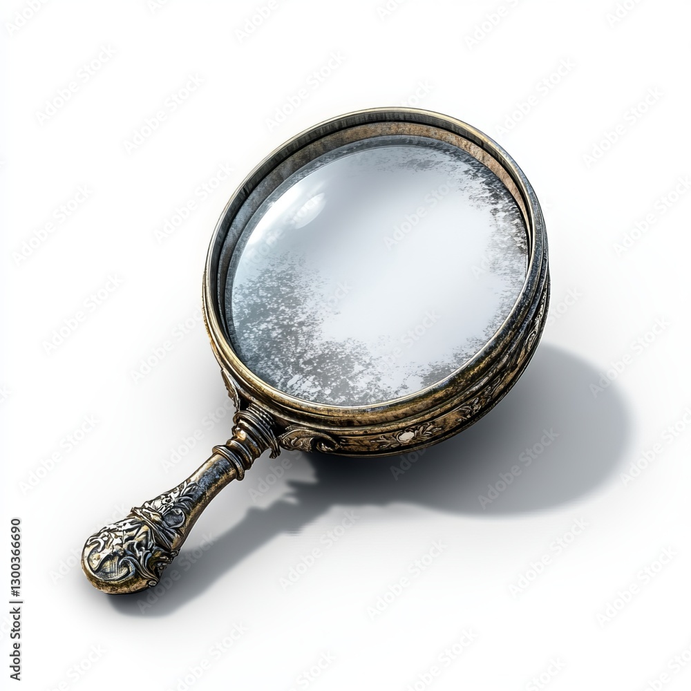 Magnifying Glass: Detailed macro shot of an antique magnifying glass, the glass reflecting light while a detailed handle shows meticulous craftsmanship, perfect for investigating small things.