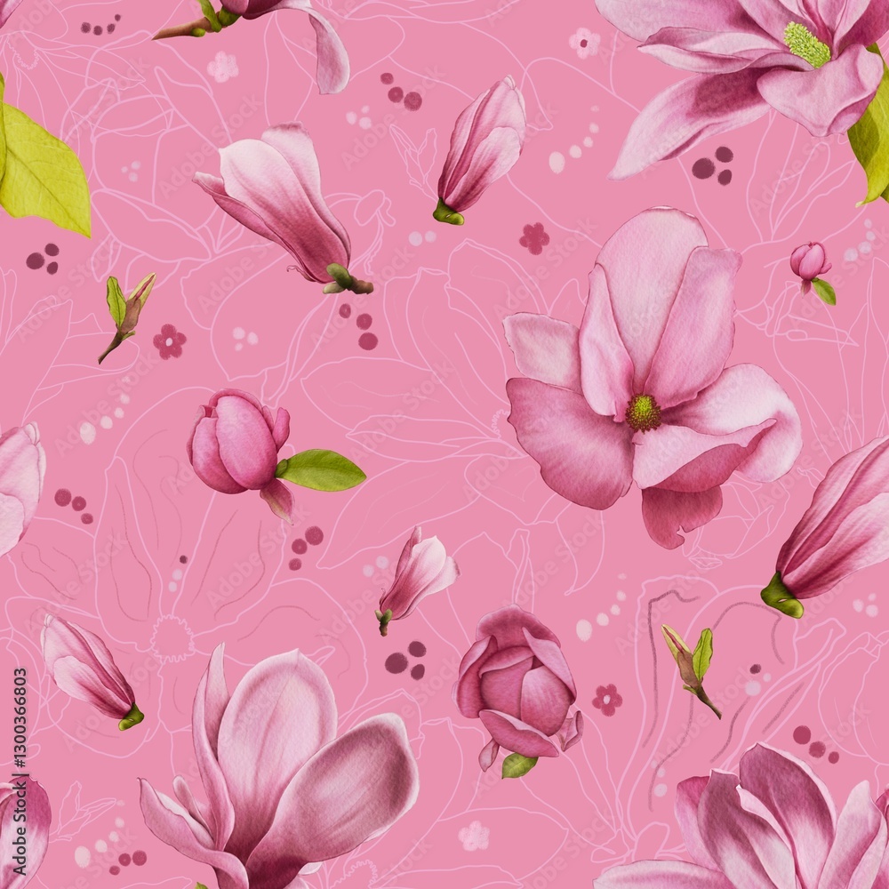 seamless pattern with pink flowers. Spring background with magnolia seamless pattern with pink flowers. Spring background with magnolia