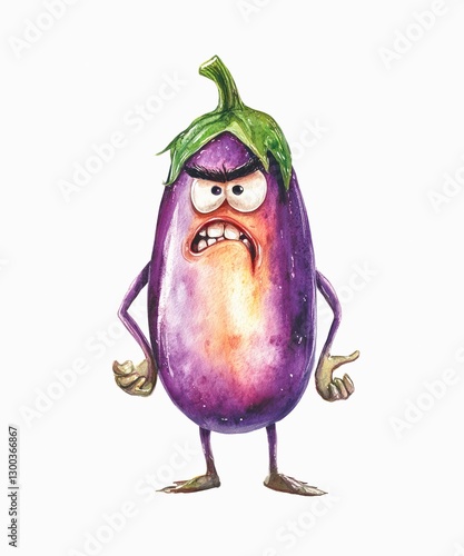 Watercolor cartoon illustration of an angry grumpy eggplant isolated on white background.