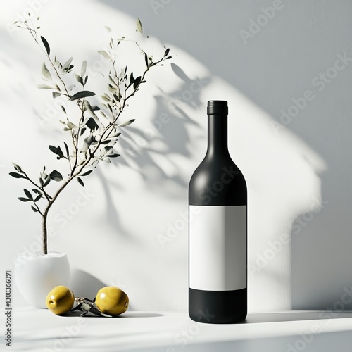 Elegant Wine Bottle Composition: A minimalist still life showcasing a sleek, dark wine bottle with a blank label, artfully juxtaposed with a potted plant, lemon.