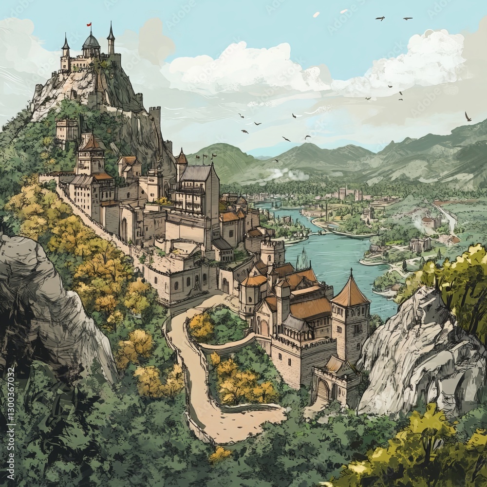 Medieval Village on Hilltop: A picturesque medieval village nestled on a hilltop, overlooking a verdant valley with a winding river and a charming bridge.