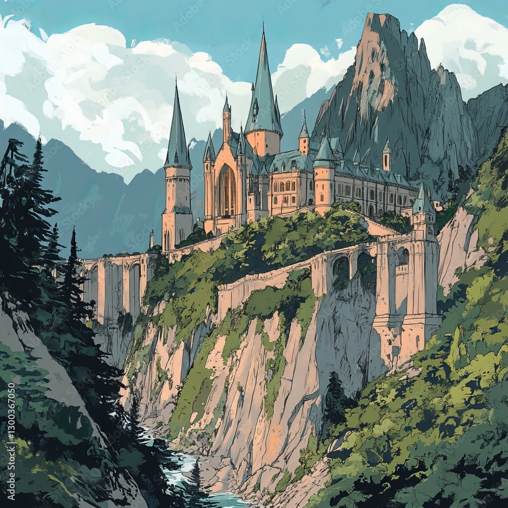 Majestic Fortress Perched High: An enchanting, idealized castle, showcasing architectural grandeur, sits atop a rugged mountain, exuding an aura of timelessness.