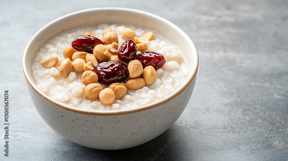 Creamy Rice Porridge with Nuts and Dried Cranberries in White Bowl Creamy Rice Porridge with Nuts and Dried Cranberries in White Bowl