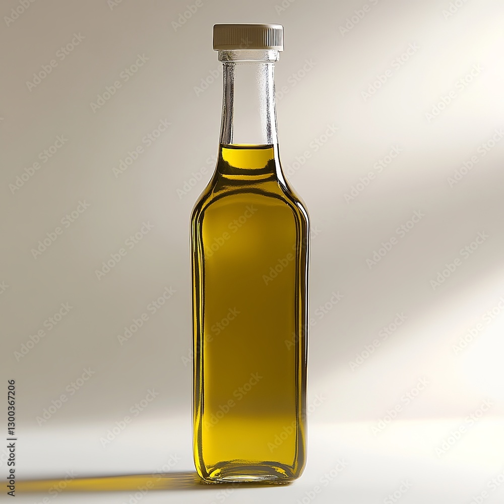 Olive Oil in a Bottle: A clear, elegant glass bottle of premium olive oil, set against a soft, neutral background that accentuates its purity and quality. Evoking feelings of healthy eating.