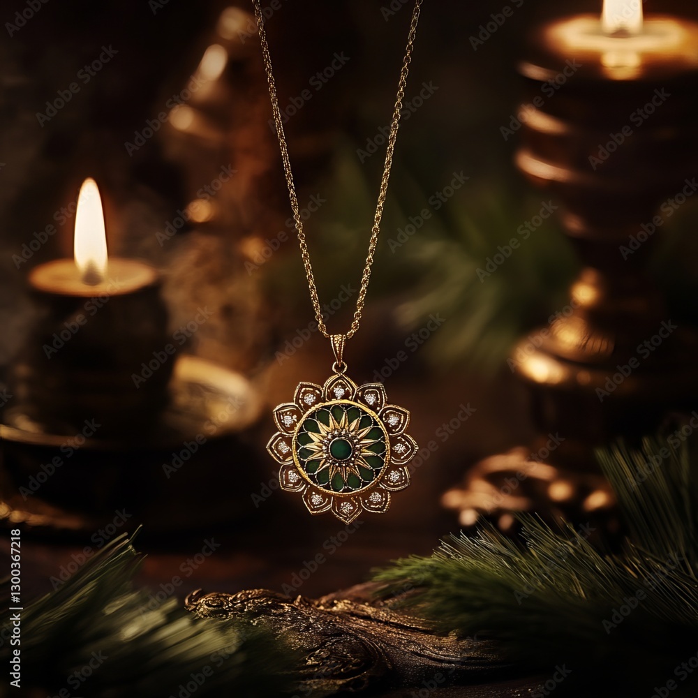 Elegant Pendant: A radiant pendant is gracefully displayed, shimmering amidst soft candle light, embodying classic sophistication and captivating allure.