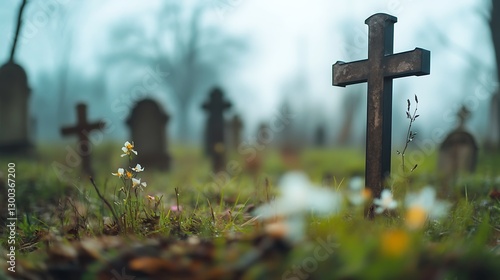 Dark Wooden Cross in Foggy Cemetery