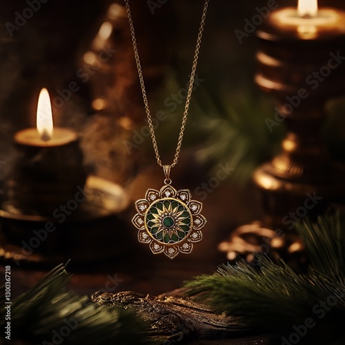 Obraz na płótnie Elegant Pendant: A radiant pendant is gracefully displayed, shimmering amidst soft candle light, embodying classic sophistication and captivating allure. w salonie
