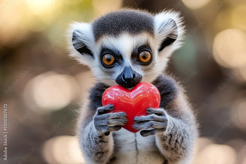 Fototapeta premium Lemur - my desired animal. Commercial animal artwork layout. Cute lemur baby with diamond red heart on in a natural habitat. Loving embrace of wild creatures. Love and passion in the forest.
