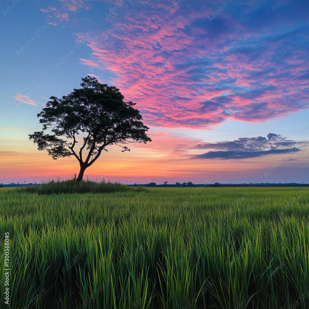 Tranquil Sky at Sunset: A solitary tree stands silhouetted against the vibrant hues of a sunset, its branches reaching towards a sky painted with brushstrokes of pink and blue.