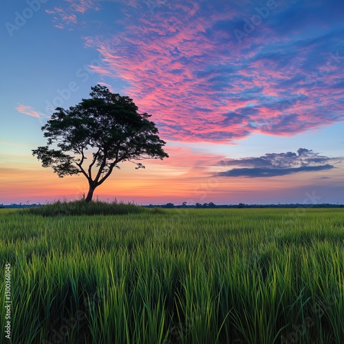 Obraz na płótnie Tranquil Sky at Sunset: A solitary tree stands silhouetted against the vibrant hues of a sunset, its branches reaching towards a sky painted with brushstrokes of pink and blue. w salonie