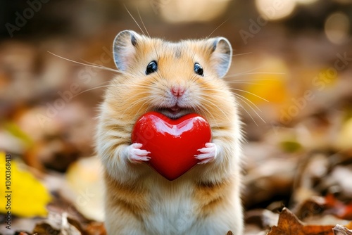 Ad campaign animal visual design. Cute hamster baby with animal toy red heart on in a natural habitat. Hamster - my desired animal. Valentine's day nature theme. Tender wildlife moment. photo