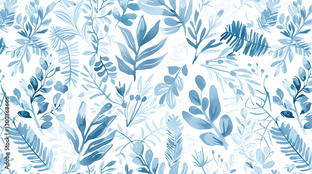 Fototapeta premium Elegant Blue Botanical Pattern - Watercolor Foliage Design