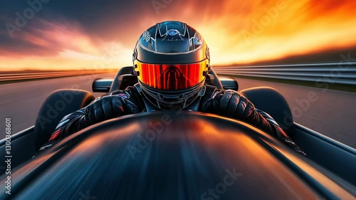 A race car driver in a sleek black helmet speeds down the track at sunset, with glowing reflections on the car’s surface and intense focus in the driver’s posture