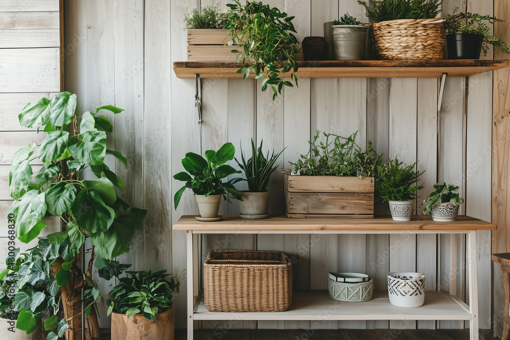 Wooden Wall Shelf with Green Plants