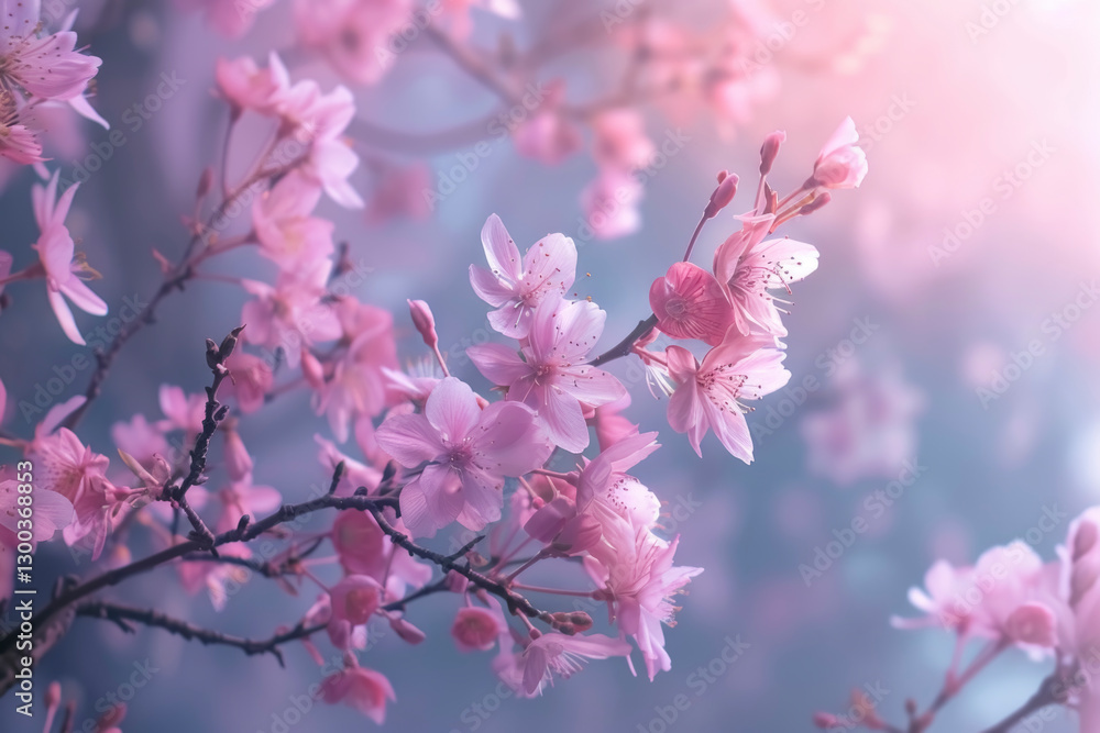 A serene and dreamy scene with delicate pink flowers on a branch against a soft pastel background. The background is blurred, which brings out the beauty of the flowers in the foreground. A serene and dreamy scene with delicate pink flowers on a branch against a soft pastel background. The background is blurred, which brings out the beauty of the flowers in the foreground.