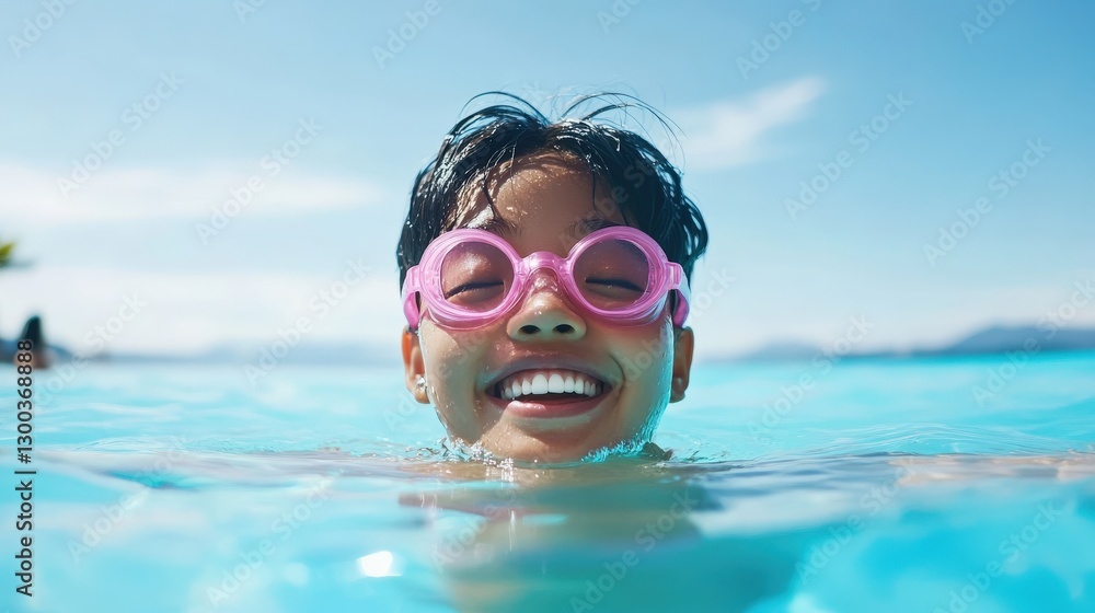 Naklejka premium Happy Child Wearing Goggles Enjoys Swimming in Pool