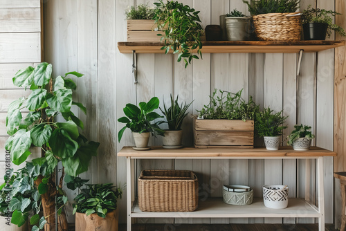 Wooden Wall Shelf with Green Plants
