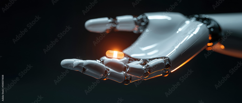 Naklejka premium Fentanyl Painkiller Synthetic Opioid Crisis. A robotic hand holds a glowing pill, symbolizing technology and healthcare integration.
