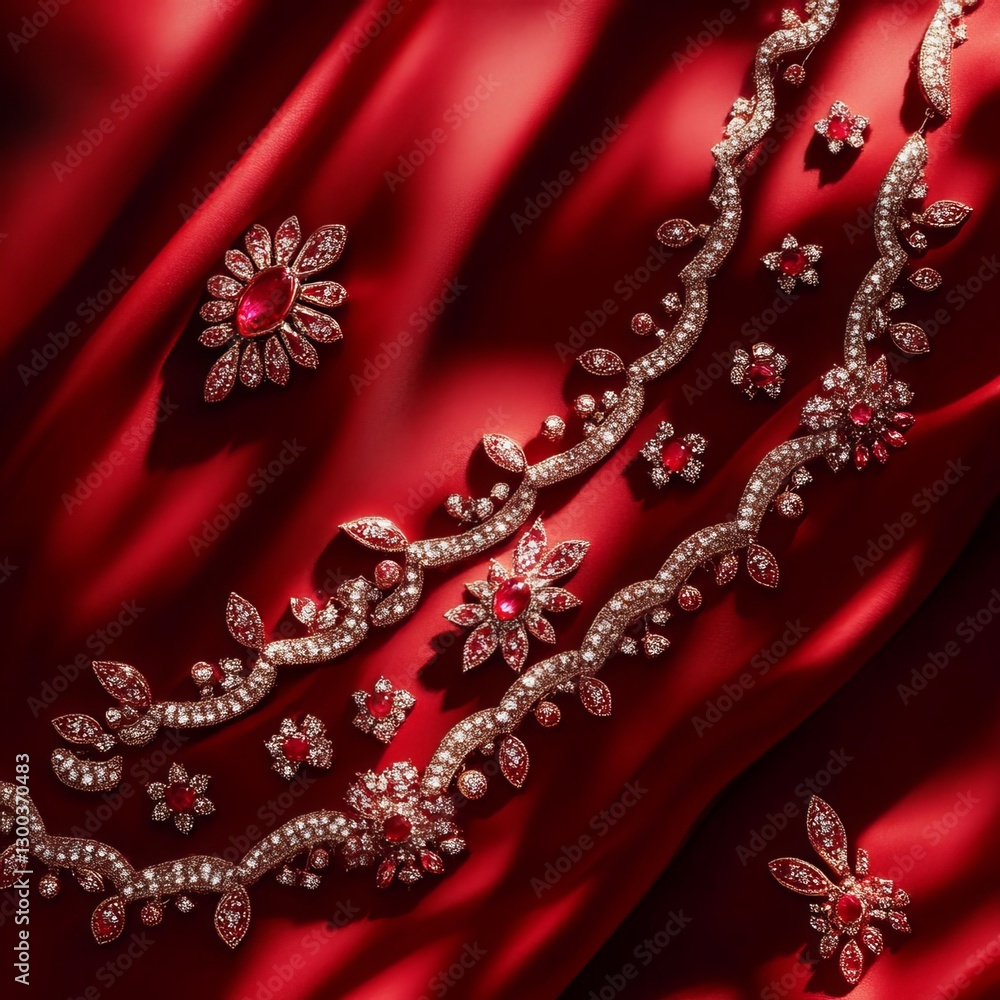 Jewelry with Red Gemstones: A dazzling array of fine jewelry, including a necklace and matching earrings, are displayed on a vibrant red fabric, a testament to refined elegance and luxury.