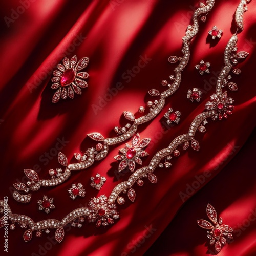 Obraz na płótnie Jewelry with Red Gemstones: A dazzling array of fine jewelry, including a necklace and matching earrings, are displayed on a vibrant red fabric, a testament to refined elegance and luxury. w salonie