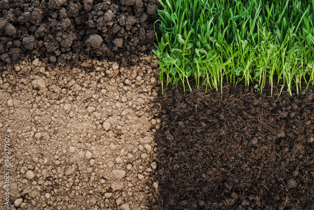 Soil layers displaying distinct textures and vegetation growth patterns in a well-maintained garden setting Soil layers displaying distinct textures and vegetation growth patterns in a well-maintained garden setting