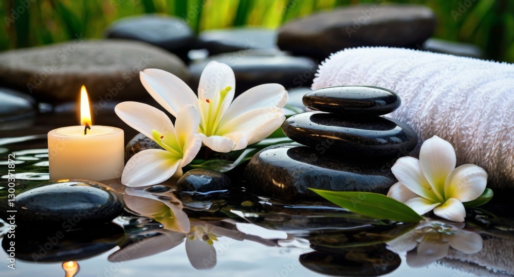 A tranquil spa scene featuring a lit candle, smooth stones, neatly folded towels, and fresh flowers, creating a soothing and luxurious atmosphere for relaxation and self-care. A tranquil spa scene featuring a lit candle, smooth stones, neatly folded towels, and fresh flowers, creating a soothing and luxurious atmosphere for relaxation and self-care.