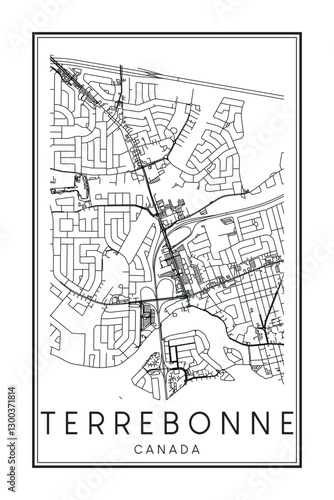 Printable downtown road map poster of the Canadian city of TERREBONNE on solid white background with city name