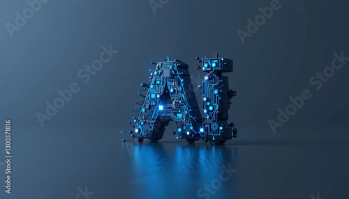 A circuit board forms an AI logo, complemented by a waving American flag, symbolizing national pride and innovation, Generative AI.