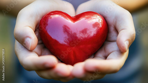 Hands hold a shiny red heart symbolizing love, care, and compassion during a sunny outdoor gathering