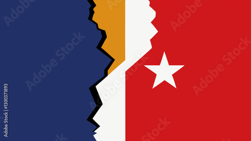 Torn Flag An of a national flag that is ripped down the middle. One half has symbols ing one political ideology while the other half shows symbols ing the