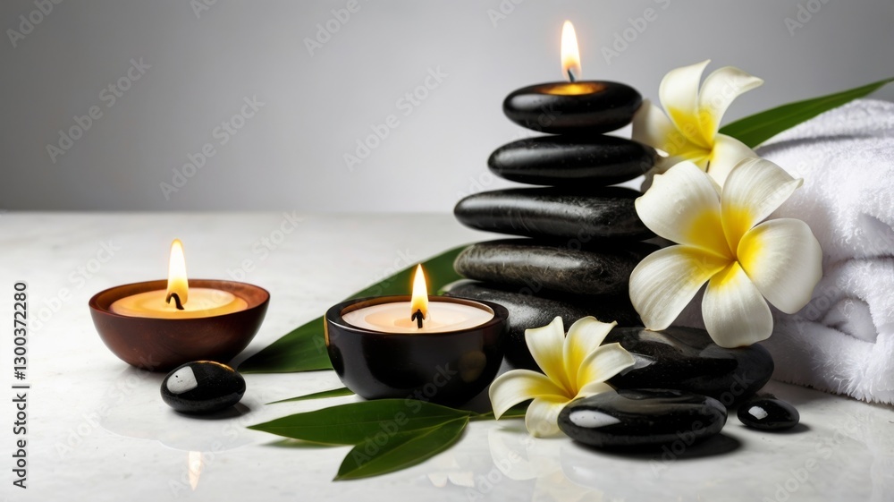 A serene spa arrangement featuring smooth stones, a flower, a lit candle, and a neatly folded towel, creating a calming and luxurious atmosphere for relaxation. A serene spa arrangement featuring smooth stones, a flower, a lit candle, and a neatly folded towel, creating a calming and luxurious atmosphere for relaxation.