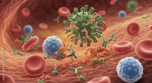 A microscopic view of white blood cells and antibodies aggressively attacking a virus.