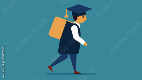 Weighed Down by Debt An of a graduate walking forward but their back is hunched under the weight of a massive student loan backpack highlighting the physical and