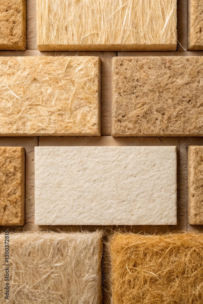 Fototapeta premium Natural fiber panels displayed on a surface, showing various textures and earthy tones.
