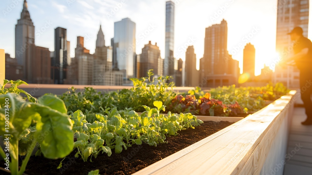 Fototapeta premium Urban Rooftop Garden at Sunset with City Skyline