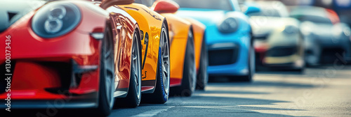 Luxury sports cars line up for a vibrant car meet on a sunny day at the local racetrack