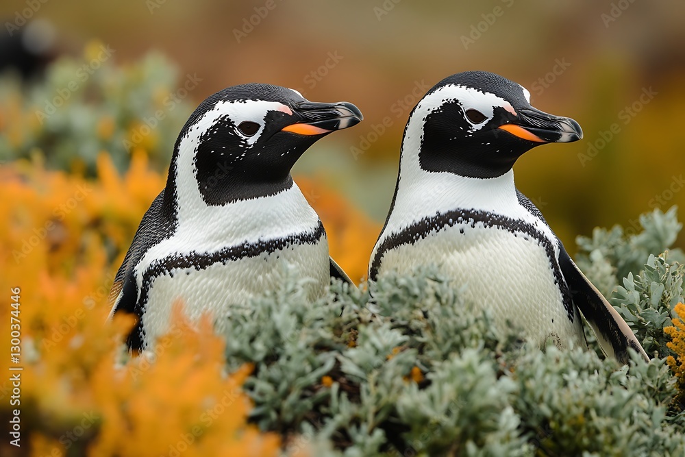 Naklejka premium Penguins Pair Perched in Coastal Foliage, Nature Scene