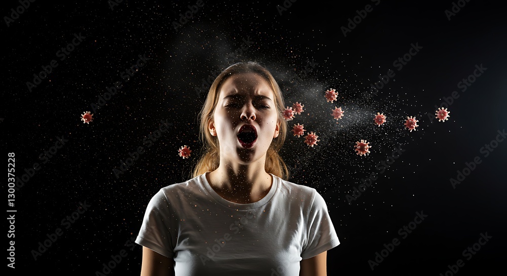 A slow-motion effect showing virus particles being released into the air after a person sneezes. A slow-motion effect showing virus particles being released into the air after a person sneezes.
