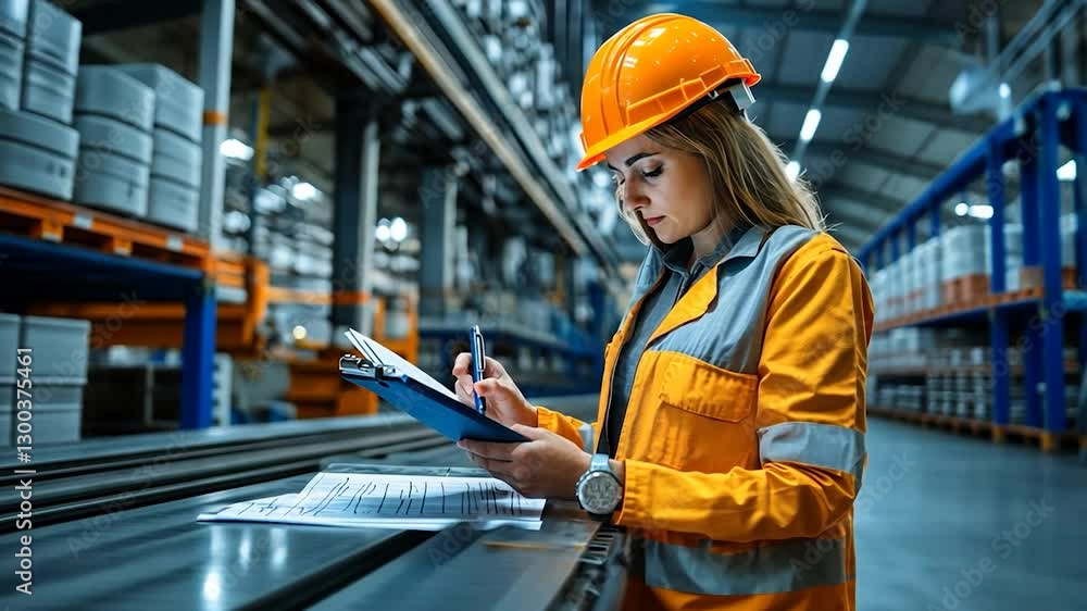 Woman Engineer Reviewing Documents in Factory Woman Engineer Reviewing Documents in Factory