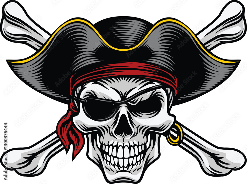 Fototapeta premium Pirate skull crossbones wearing a tricorn captain hat with crossing bones. In a vintage retro woodcut style.