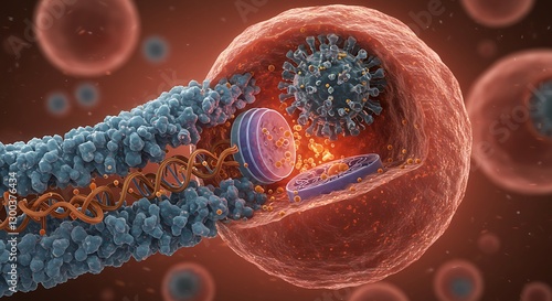 A virus invading and hijacking a healthy human cell, taking over its functions.