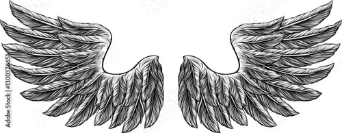 Eagle, angel or similar wings in a tattoo illustration vintage woodcut etching style