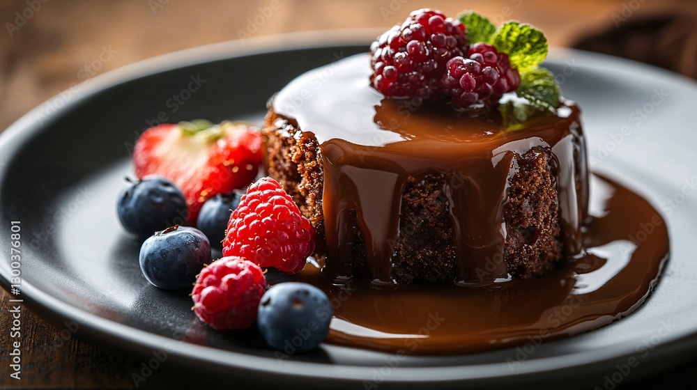 An indulgent portion of sticky toffee pudding with a rich, sticky sauce and a side of fresh berries An indulgent portion of sticky toffee pudding with a rich, sticky sauce and a side of fresh berries