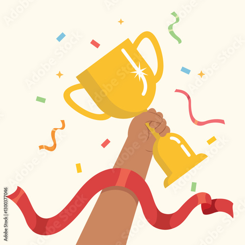 illustration of Winner prize goblet, Hand holding gold trophy cup and medals. Winner trophy award and medal.